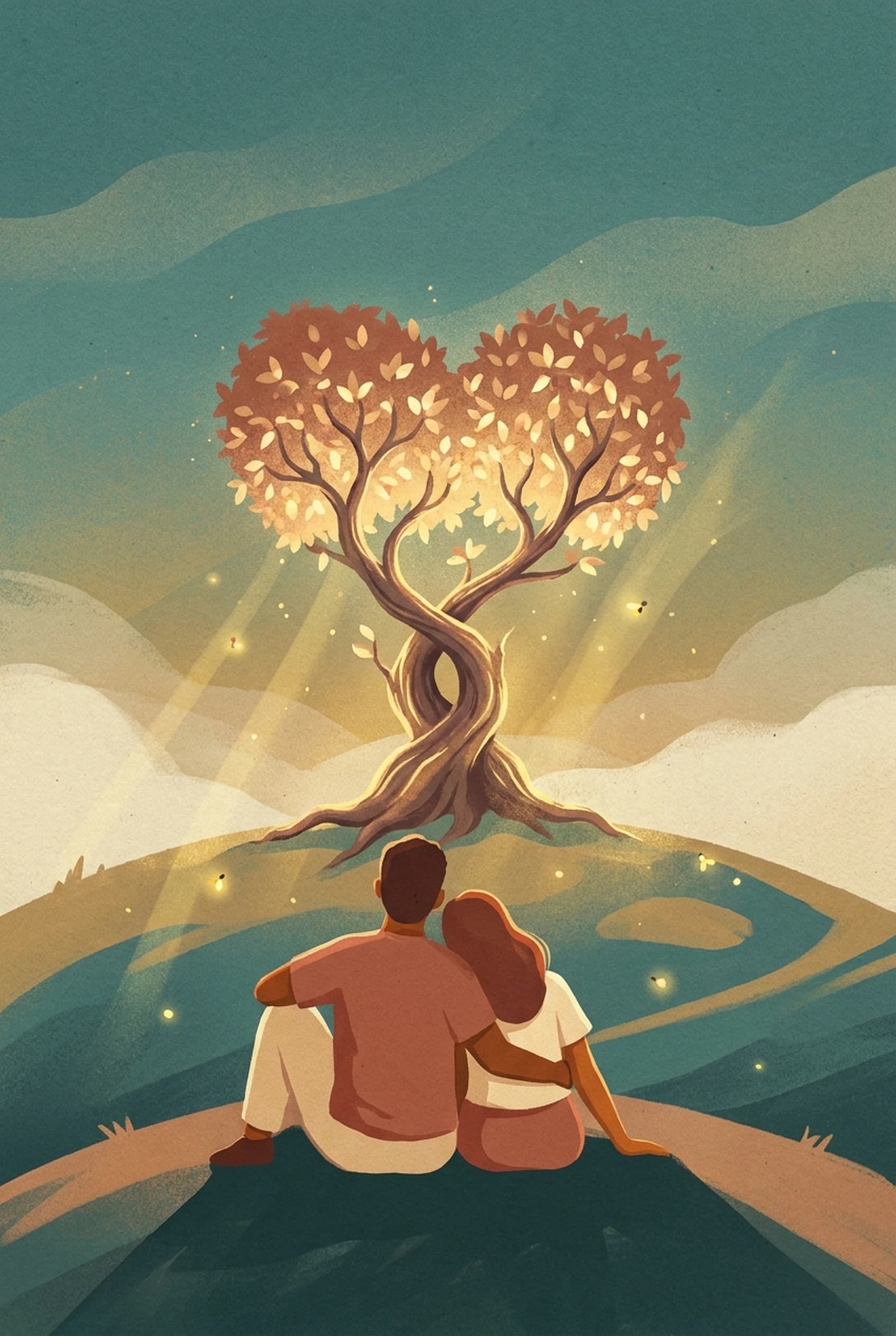 A couple beneath their tree at dusk