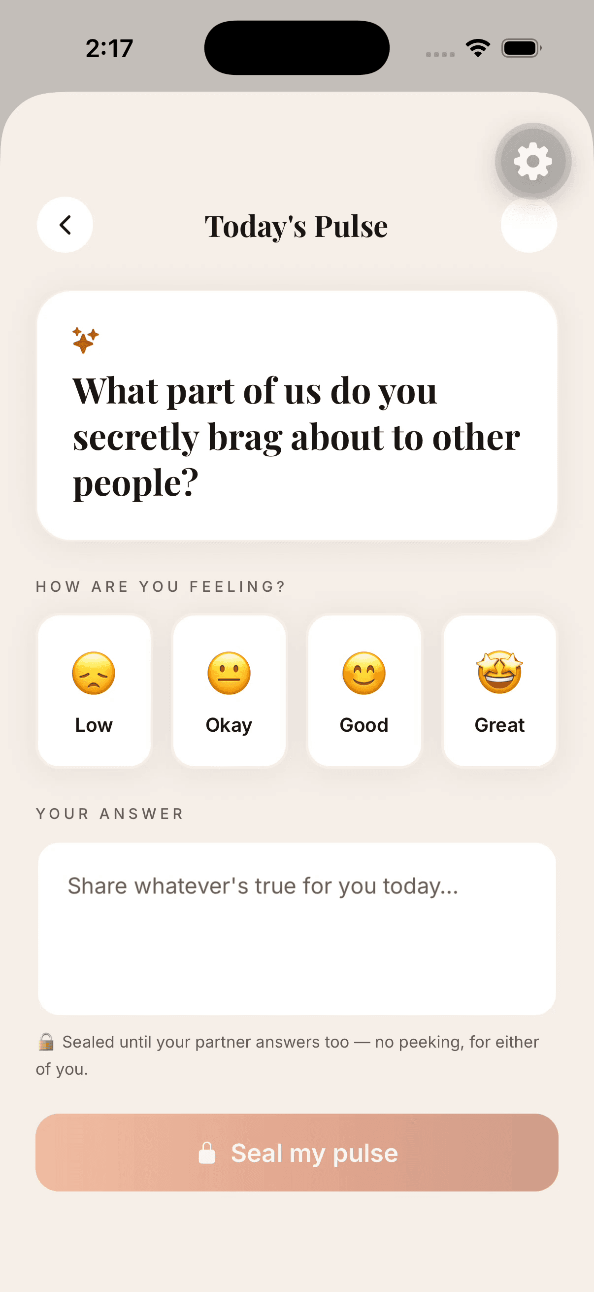 The Daily Pulse screen where a partner answers a private question