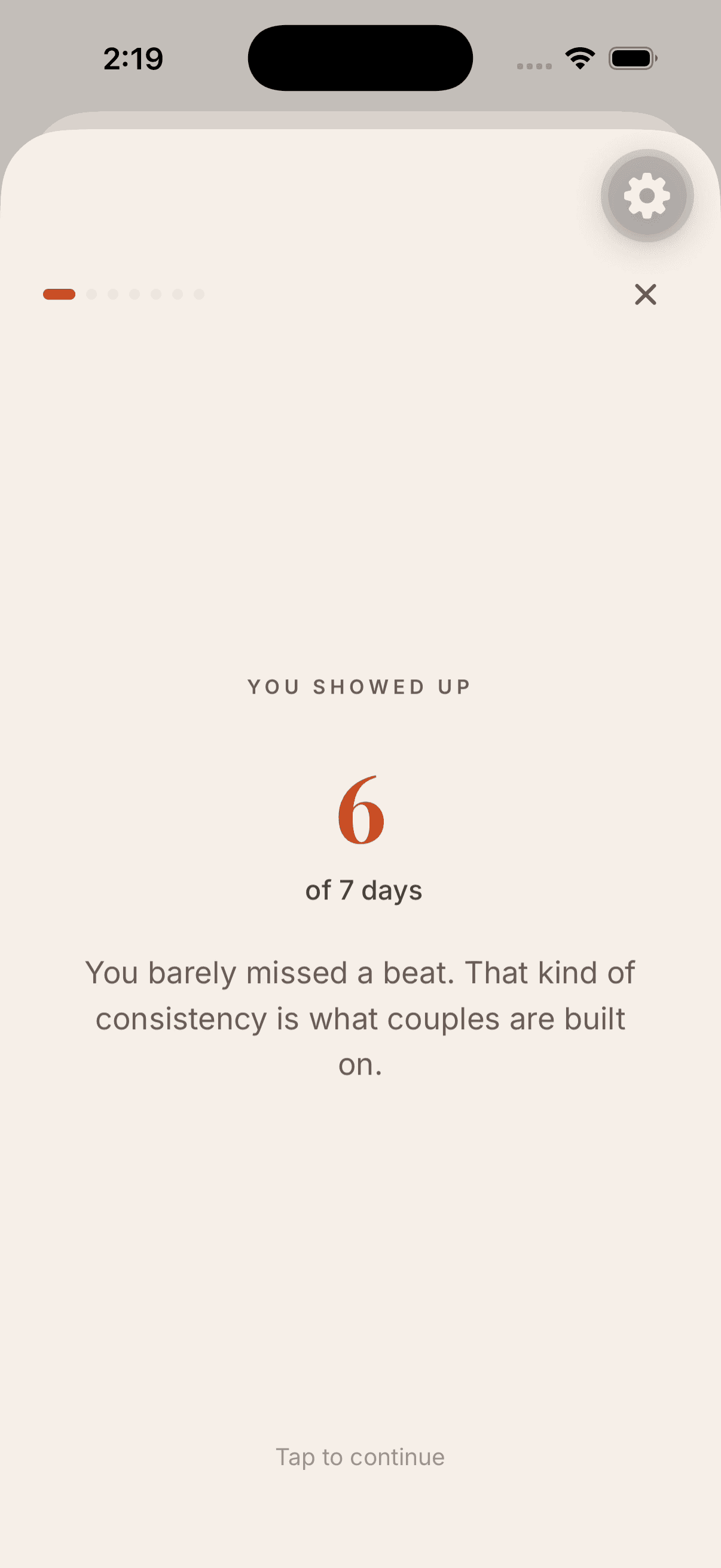 The Week Together recap screen showing relationship consistency