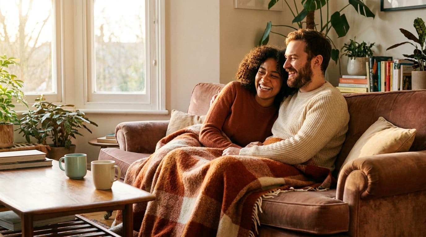 A couple laughing together at home with morning cups nearby